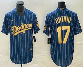 Mens Los Angeles Dodgers #17 Shohei Ohtani Blue Gold Pinstripe Cool Base Stitched Baseball Jersey